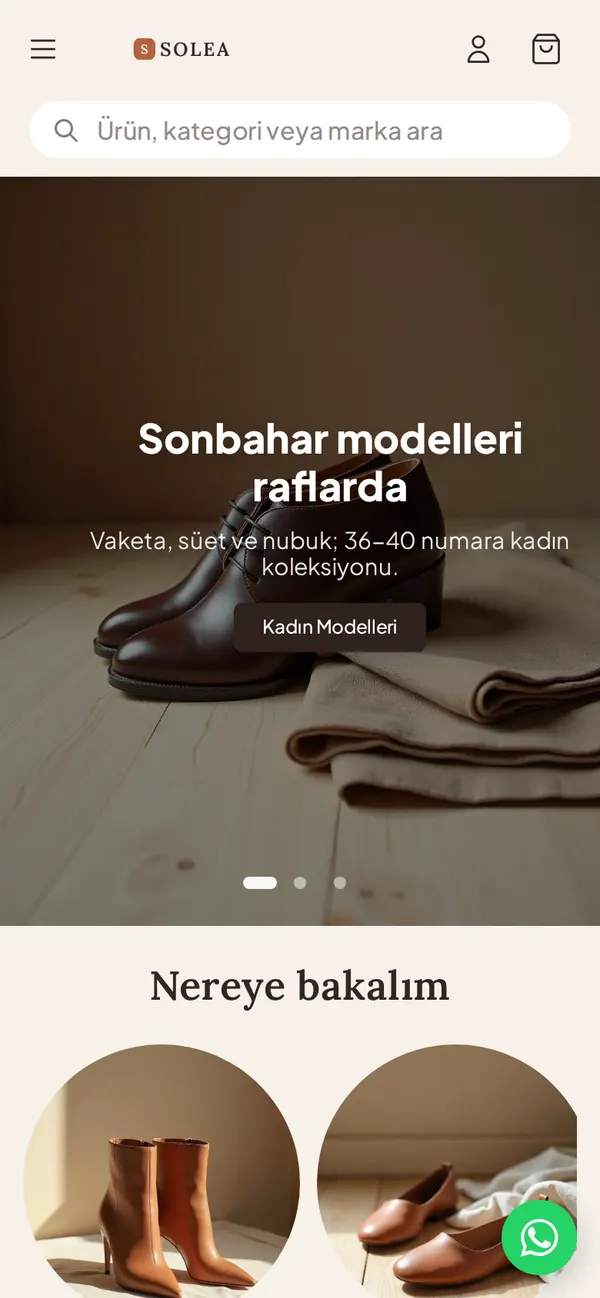 SOLEA ana sayfası, mobil görünüm