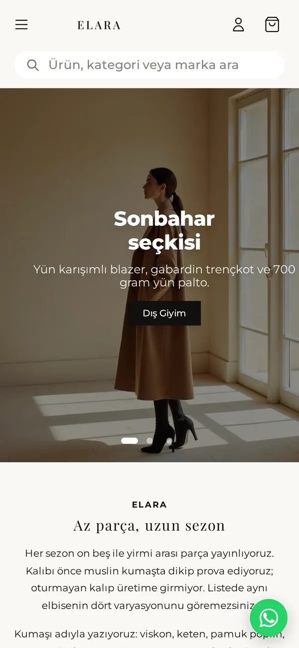 ELARA ana sayfası, mobil görünüm