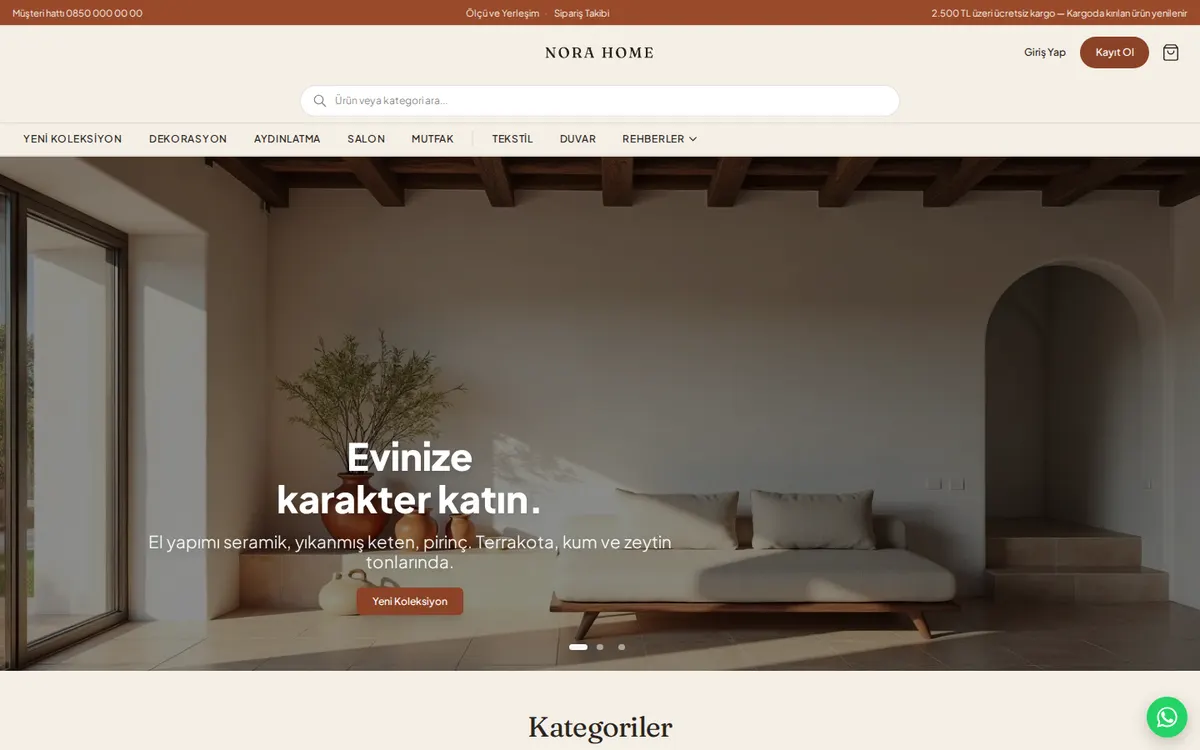 NORA HOME örnek mağazasının ana sayfası