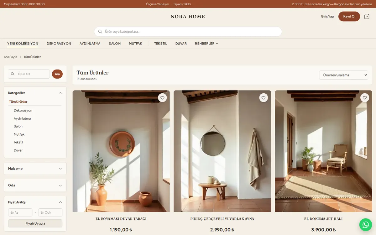 NORA HOME: Ürün listesi ve filtreler