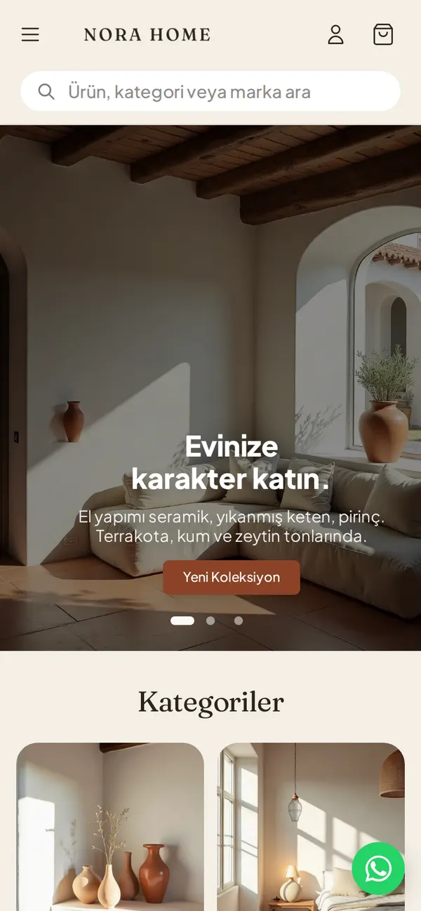 NORA HOME ana sayfası, mobil görünüm