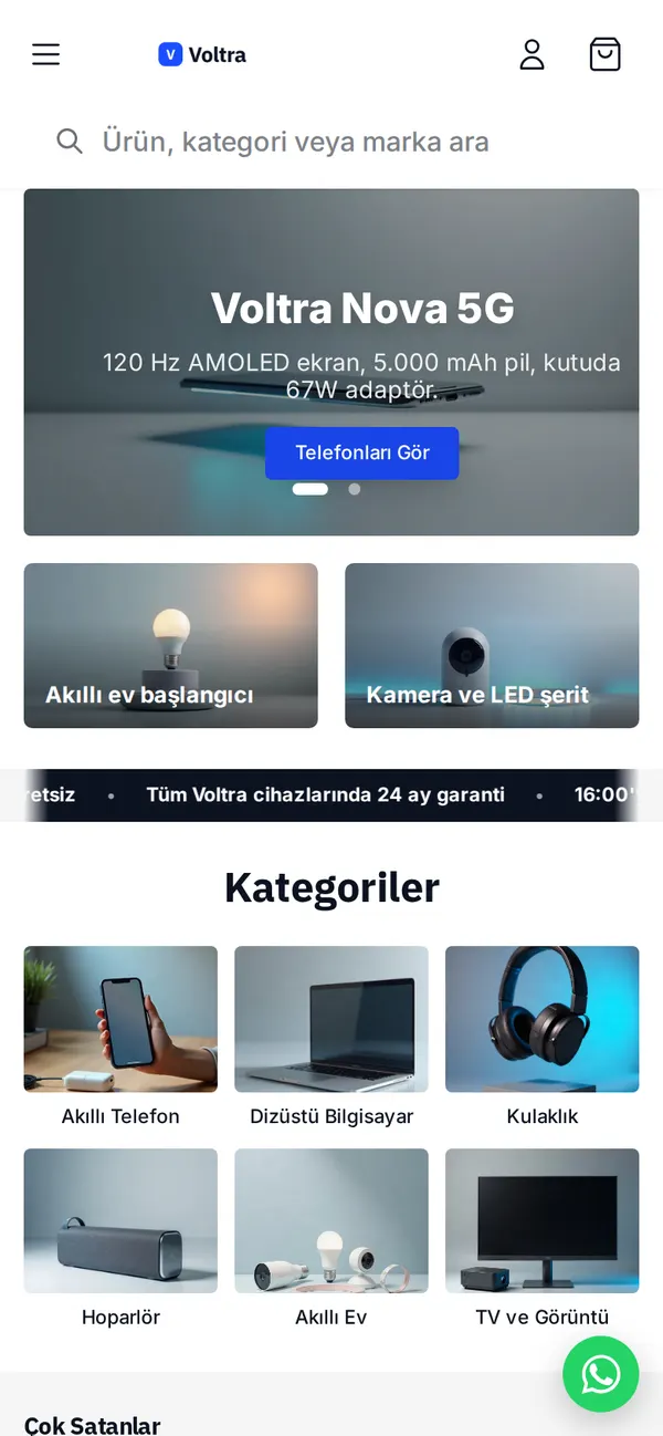 Voltra ana sayfası, mobil görünüm
