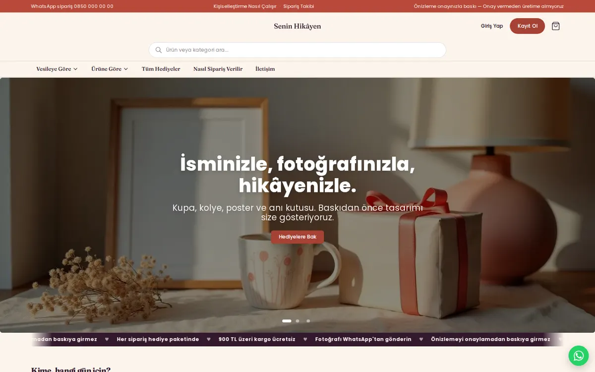 Senin Hikâyen örnek mağazasının ana sayfası