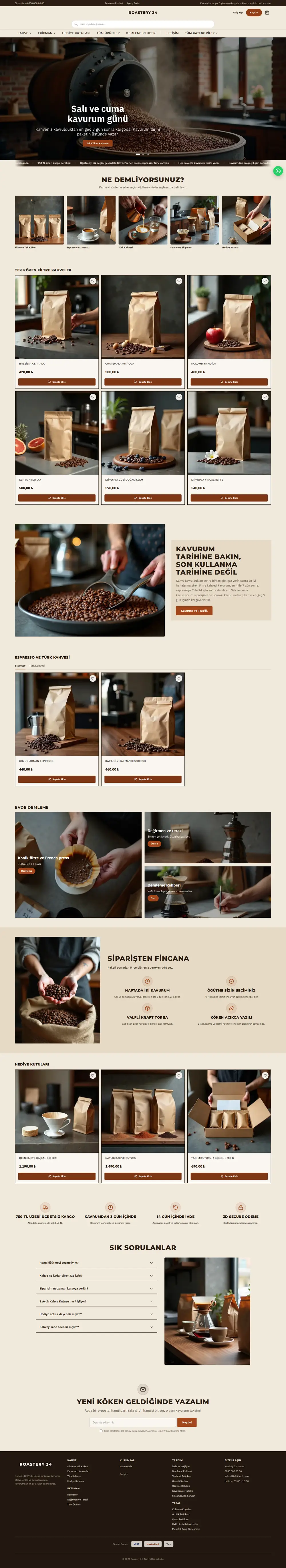 Roastery 34 ana sayfasının baştan sona görünümü
