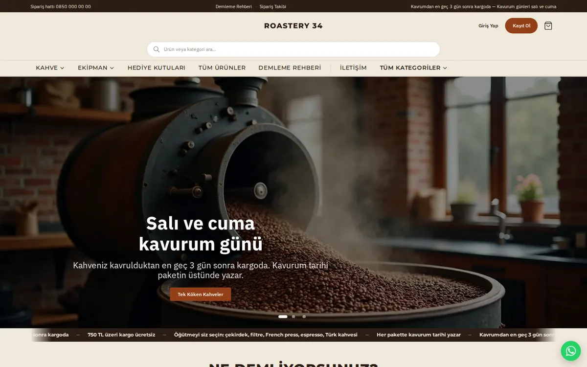 Roastery 34 örnek mağazasının ana sayfası