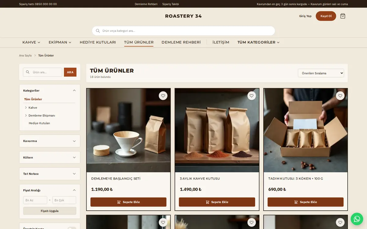 Roastery 34: Ürün listesi ve filtreler