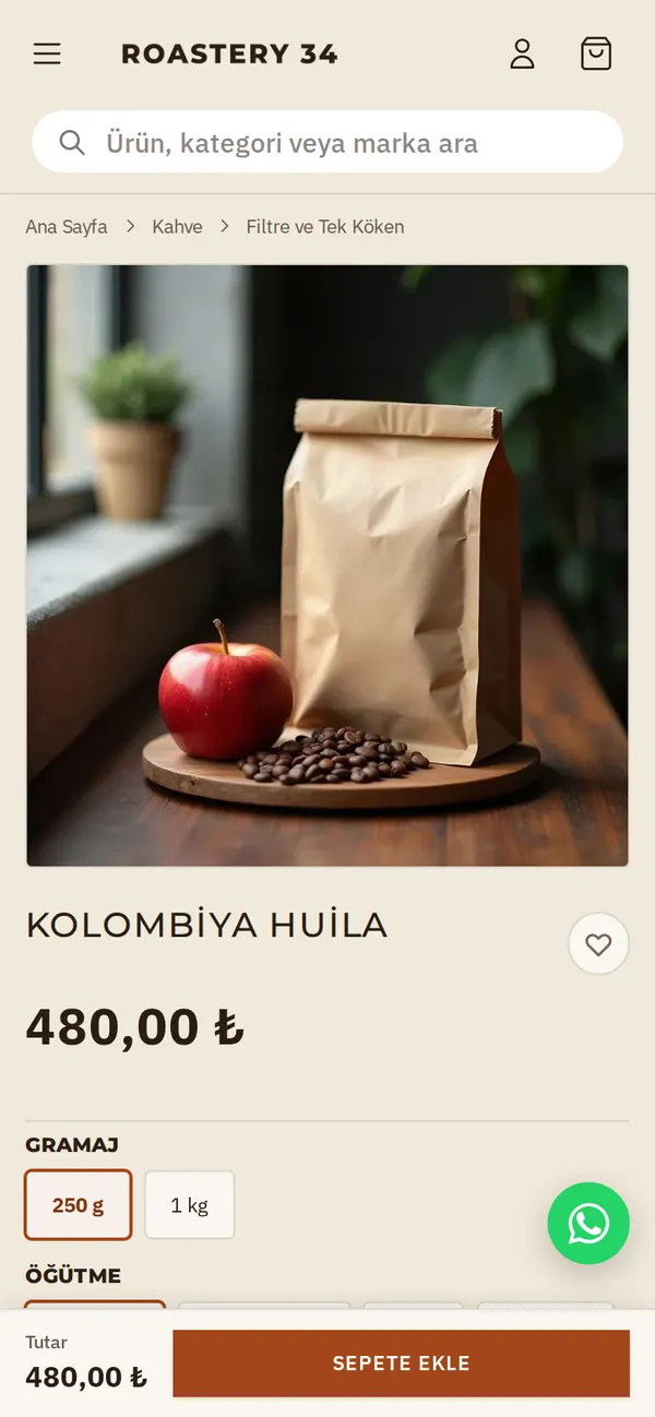 Roastery 34: Mobil ürün detayı