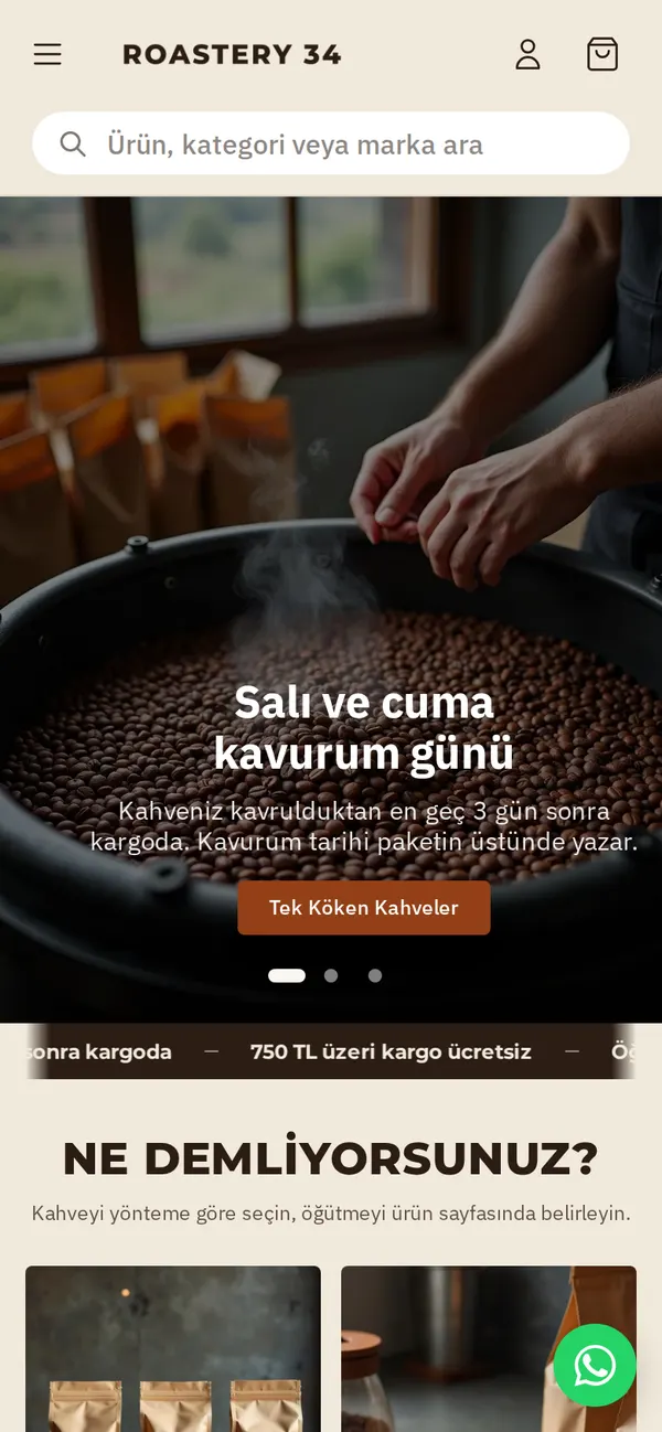 Roastery 34 ana sayfası, mobil görünüm