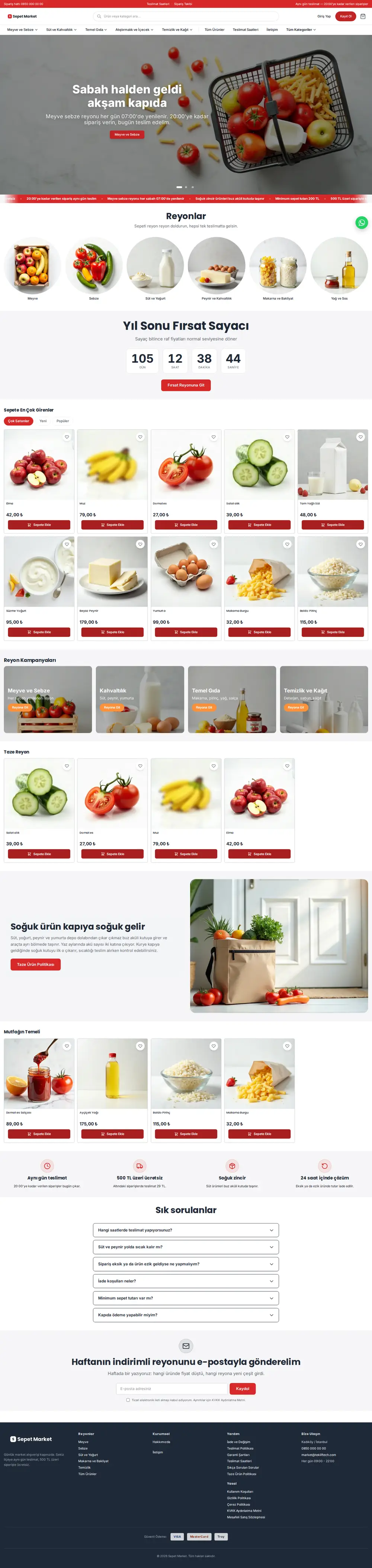 Sepet Market ana sayfasının baştan sona görünümü