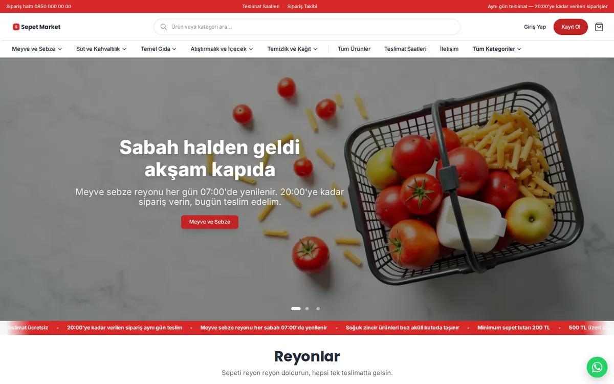 Sepet Market örnek mağazasının ana sayfası
