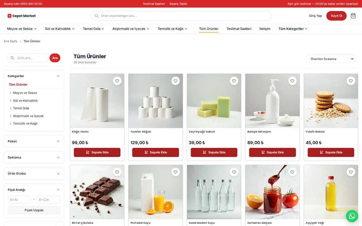 Sepet Market: Ürün listesi ve filtreler