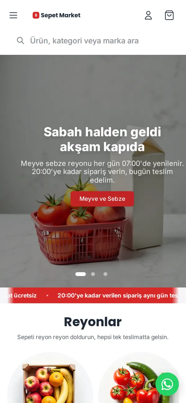 Sepet Market ana sayfası, mobil görünüm