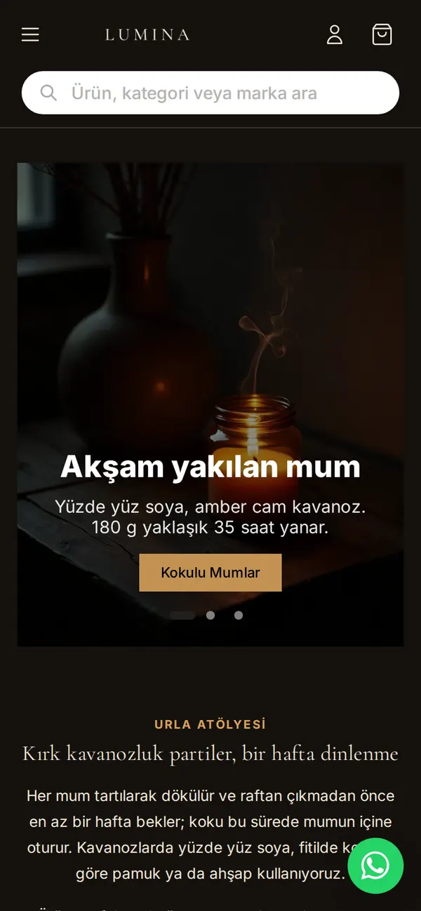 LUMINA ana sayfası, mobil görünüm