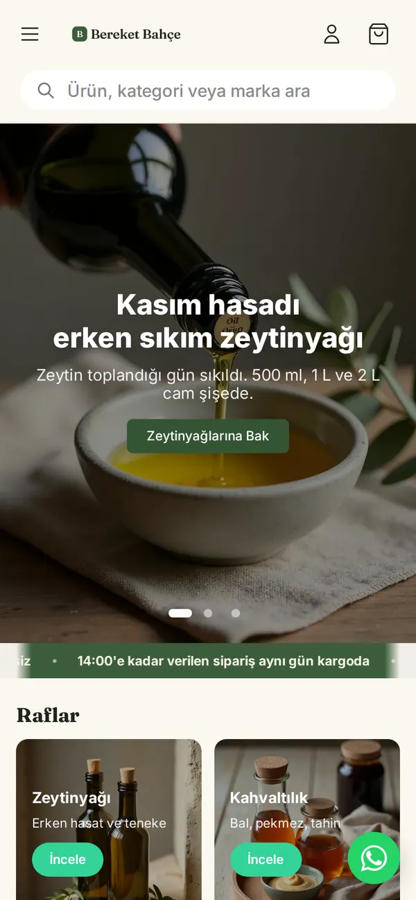 Bereket Bahçe ana sayfası, mobil görünüm