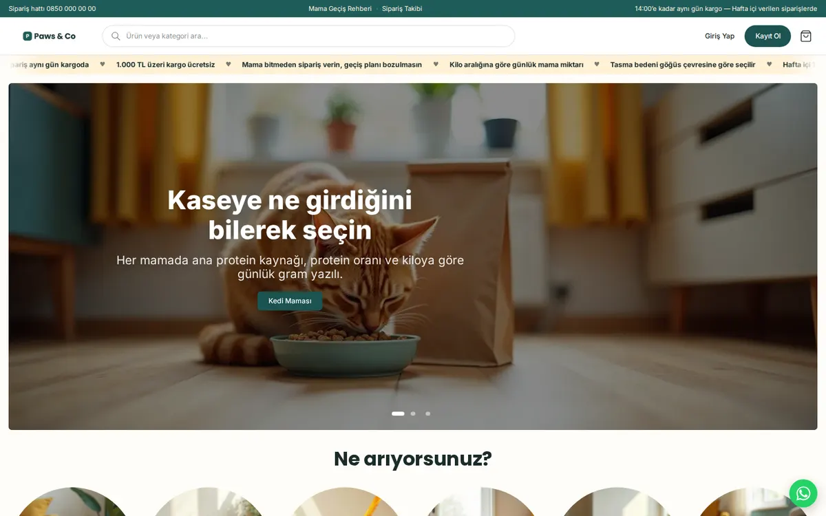 Paws & Co örnek mağazasının ana sayfası