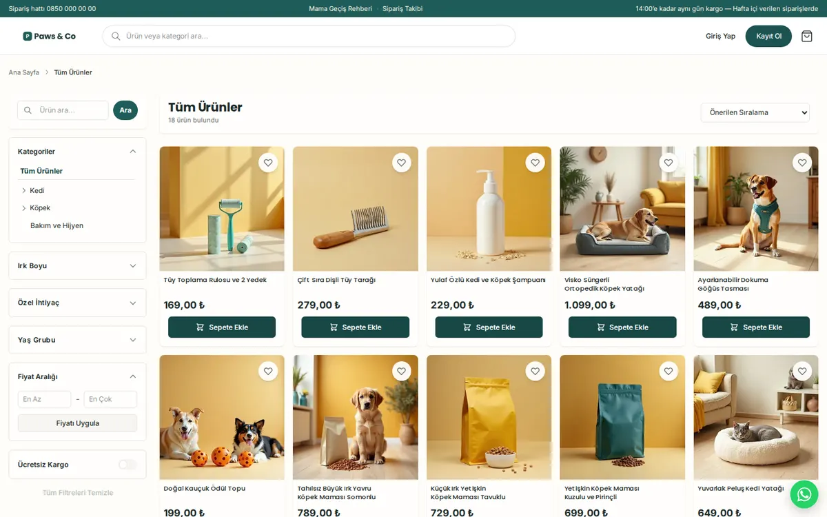 Paws & Co: Ürün listesi ve filtreler
