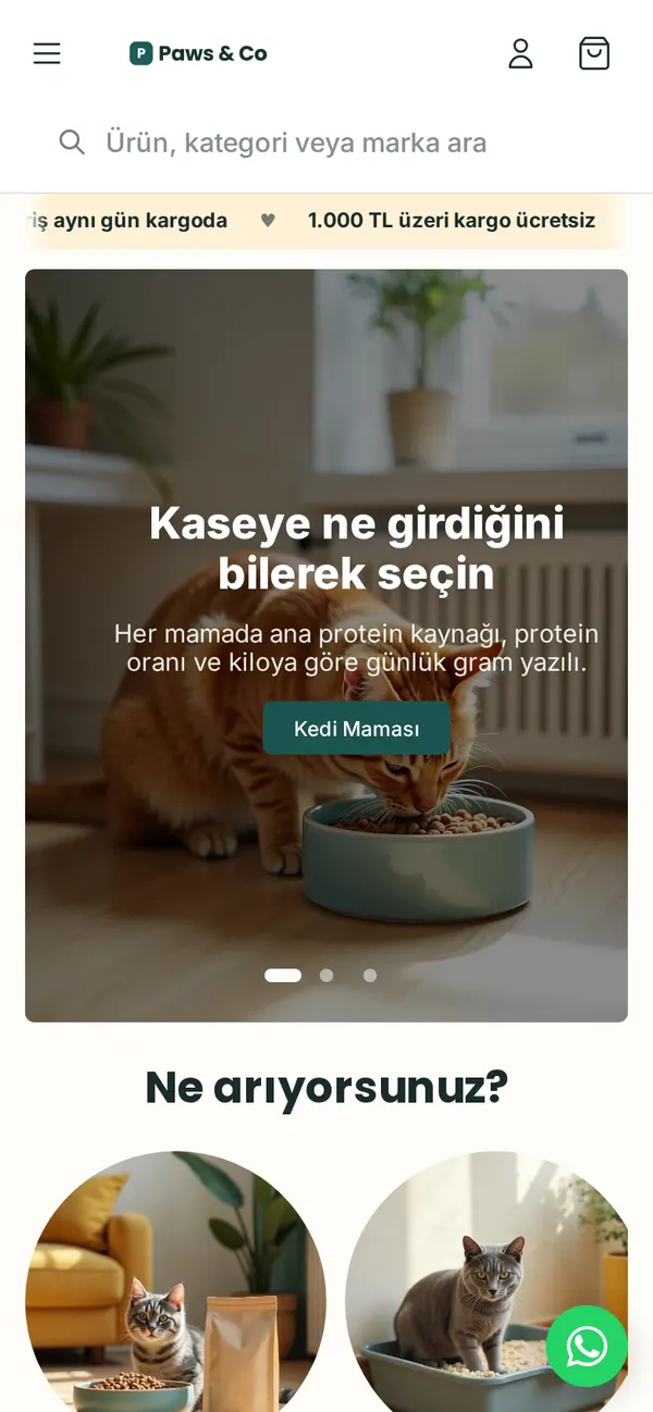 Paws & Co ana sayfası, mobil görünüm