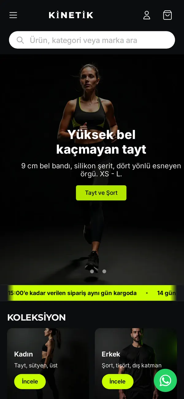 KİNETİK ana sayfası, mobil görünüm