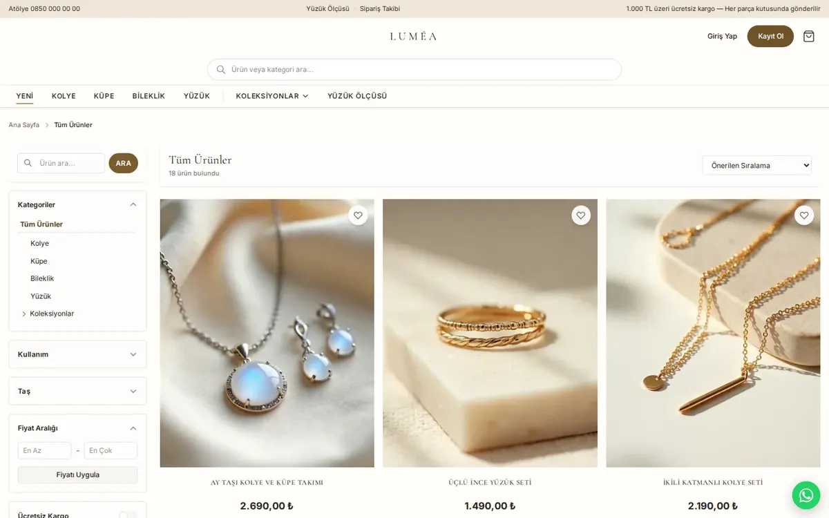 LUMÉA: Ürün listesi ve filtreler